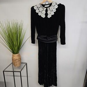 Vintage Donna Morgan Black Velvet Lace Collar Long Sleeve Midi Dress Womens‎